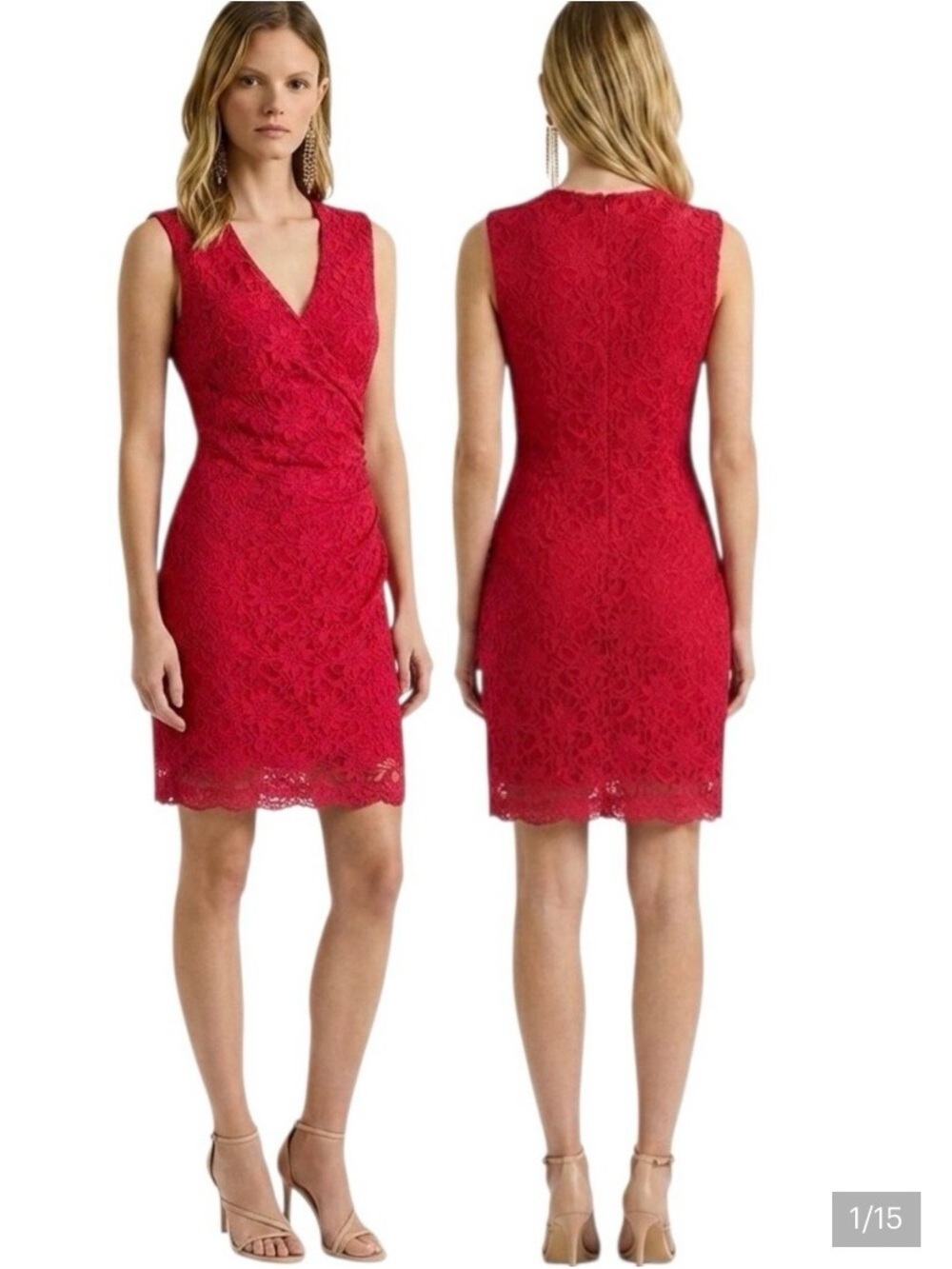 Ralph Lauren Red Lace V‑Neck Sleeveless Sheath Dress, Size 16, Holiday